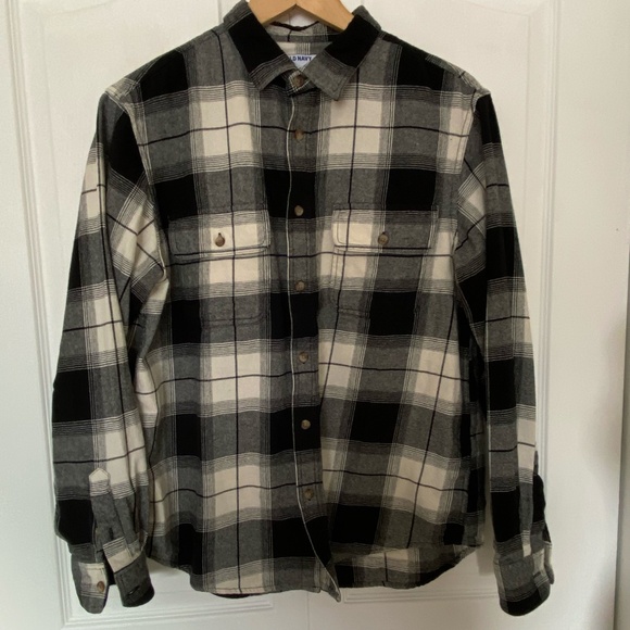 Old Navy Mens Black White Cotton Flannel Relaxed Fit Casual Shirt- Sz-L - Picture 7 of 15
